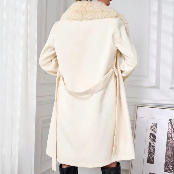 Apricot Elegant Women's Long Sleeve Double Breasted Long Wool Coat - Picture 3 of 7